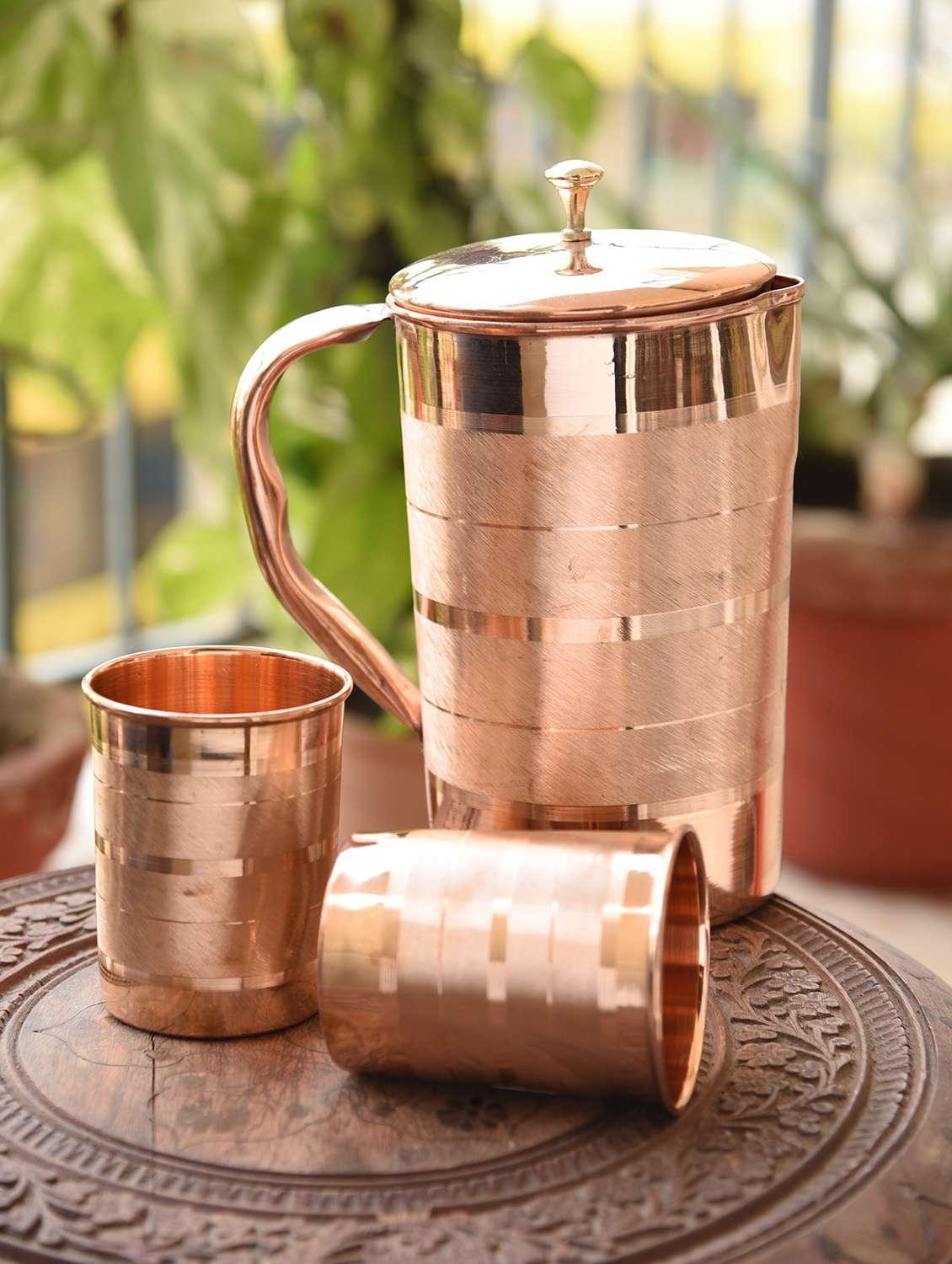 designer copper jug set, 3-pieces, brown