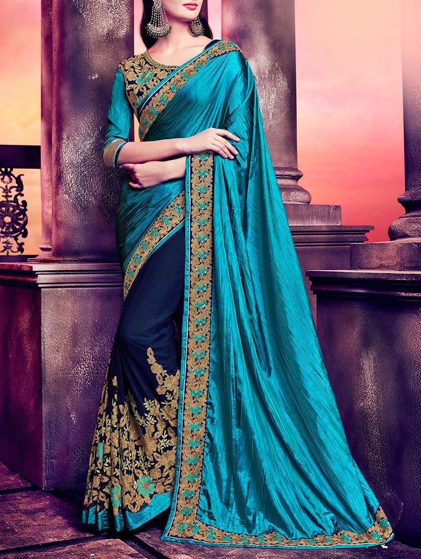 blue raw silk half & half saree with blouse