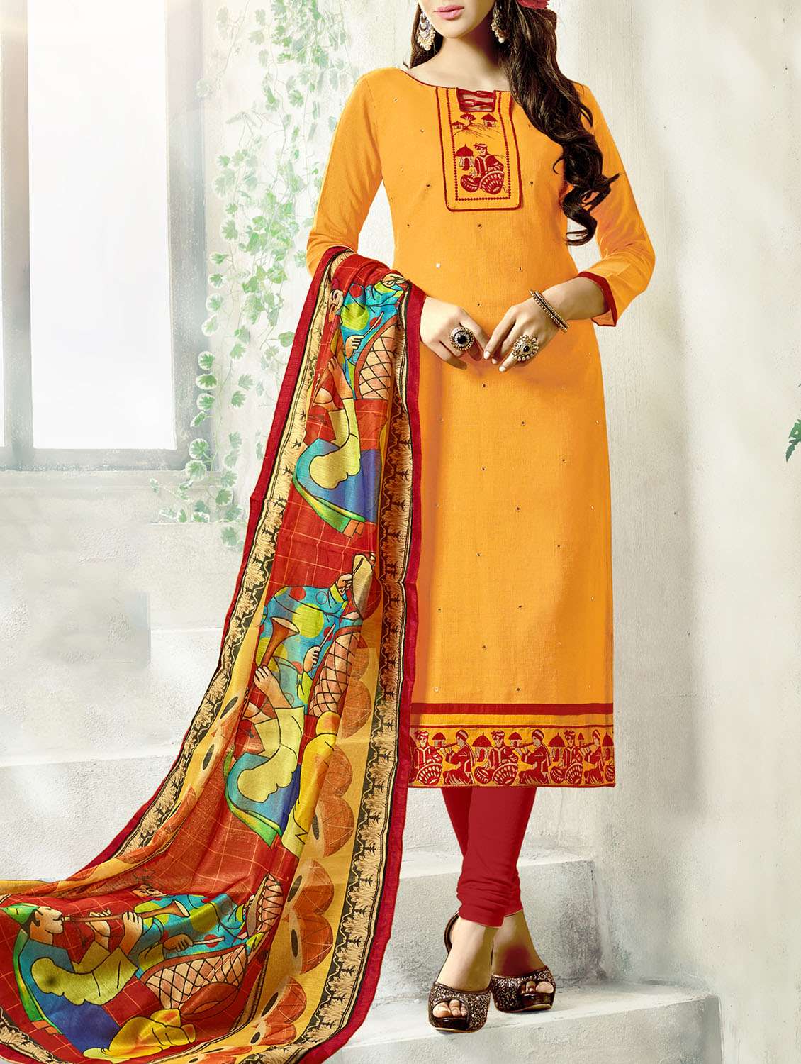yellow cotton embroidered unstitched suit