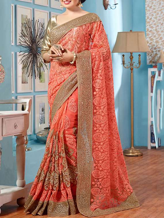 orange net embroidered saree