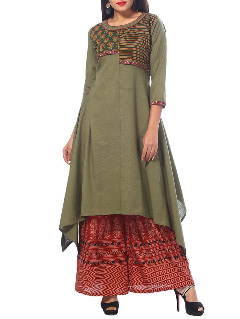 olive green cotton asymmetric kurta