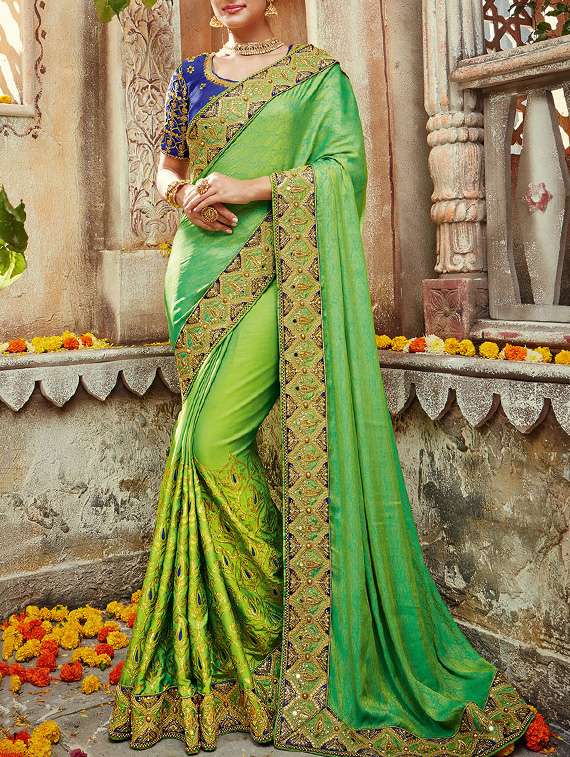 green silk embroidered saree with blouse
