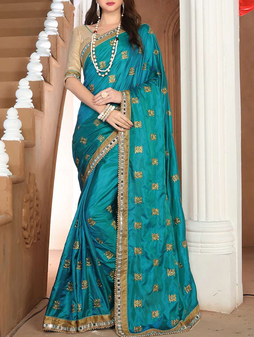 green silk embroidered saree with blouse