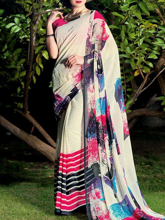 cream georgette half & half saree with blouse