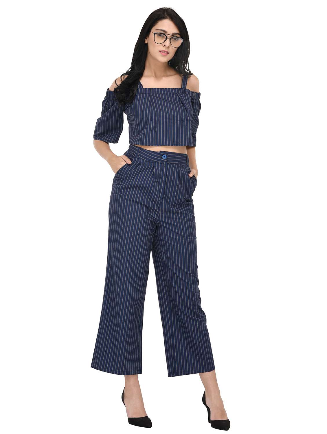striped cold shoulder crop top and trouser