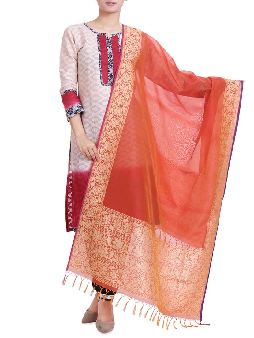 orange art silk banarasi dupatta