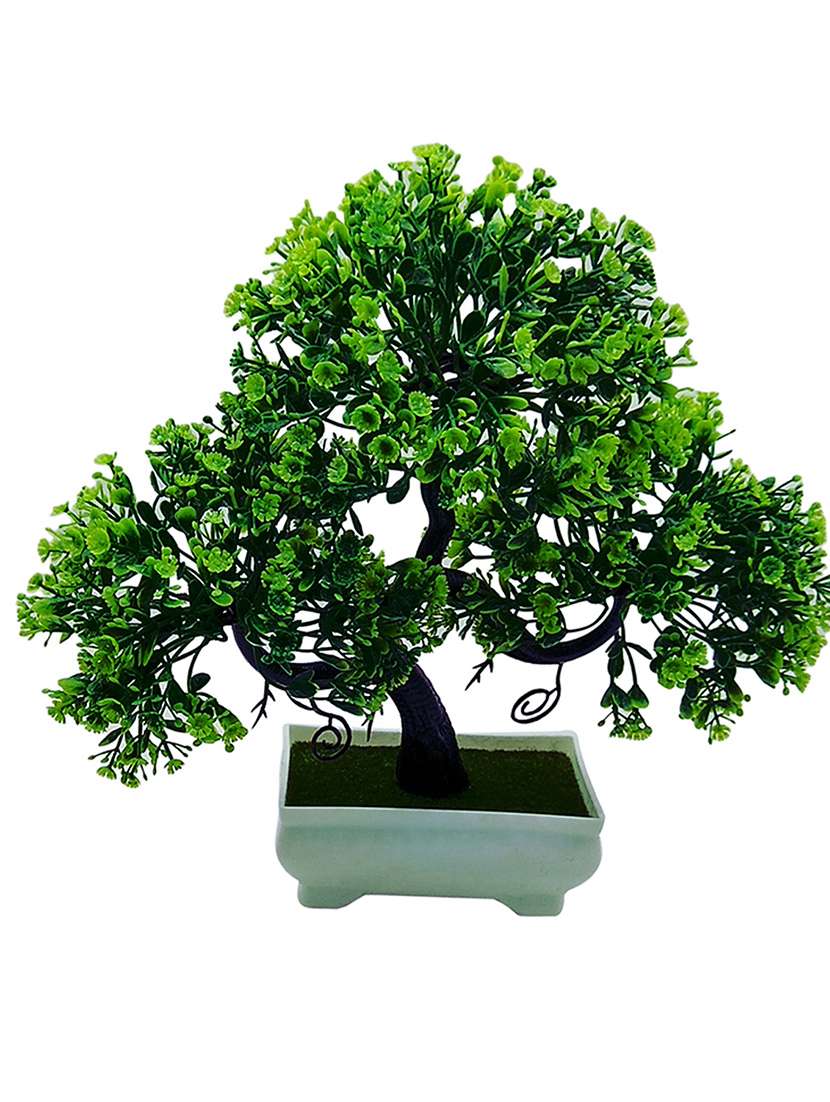 artificial plant with pot - s shaped bonsai with green leaves and green flowers by random®