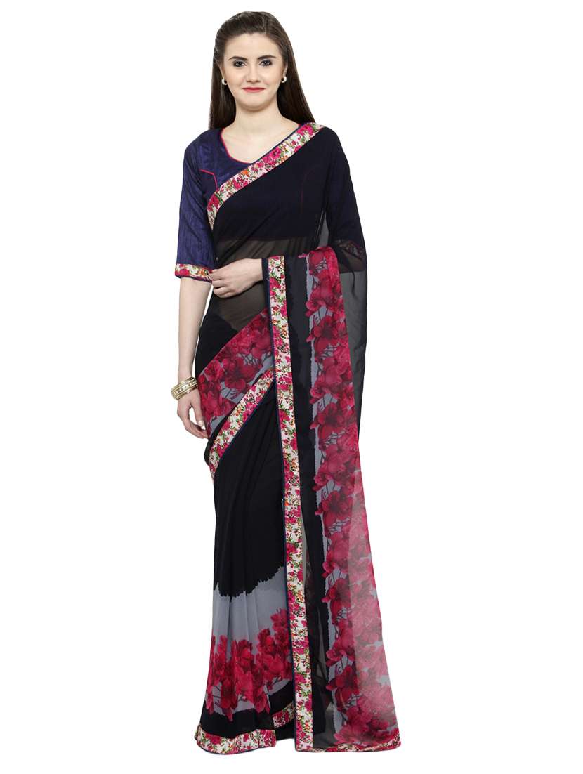 women's floral black colored saree with blouse