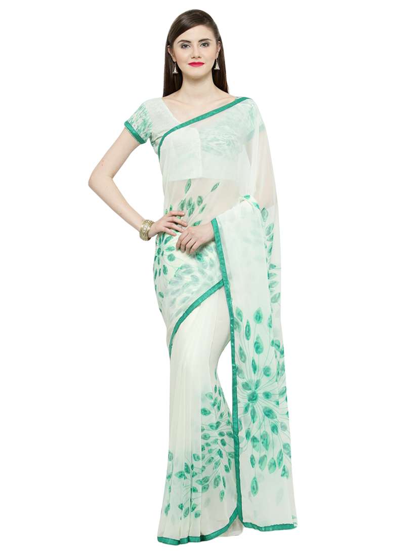 women's quirky white colored saree with blouse