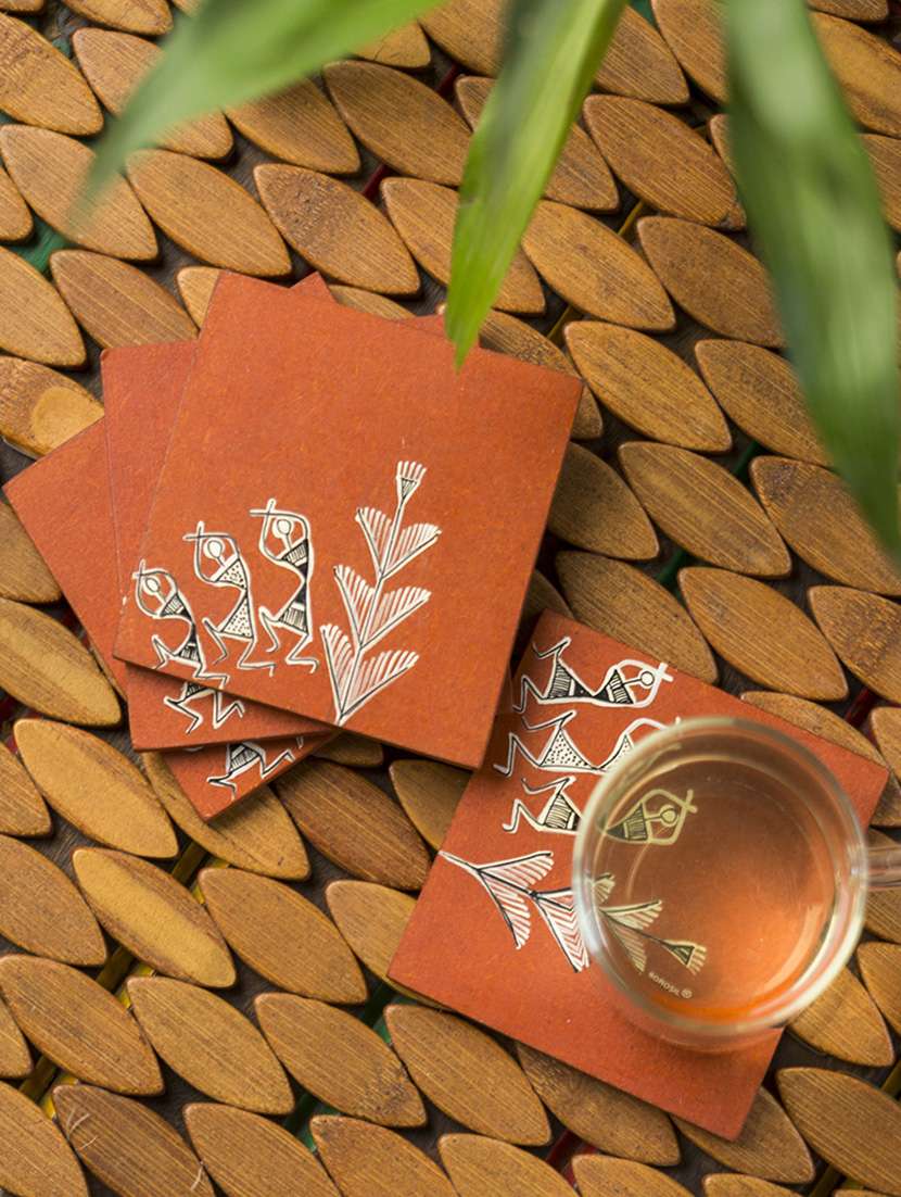 exclusivelane 'forest festivities' warli hand-painted wooden coasters in brick red (set of 4)