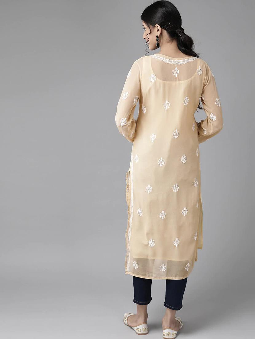georgette long beige straight women chikankari kurta - 14810697 - Standard Image - 2
