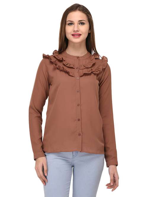 brown solid ruffled shirt - 14811698 -  Standard Image - 0