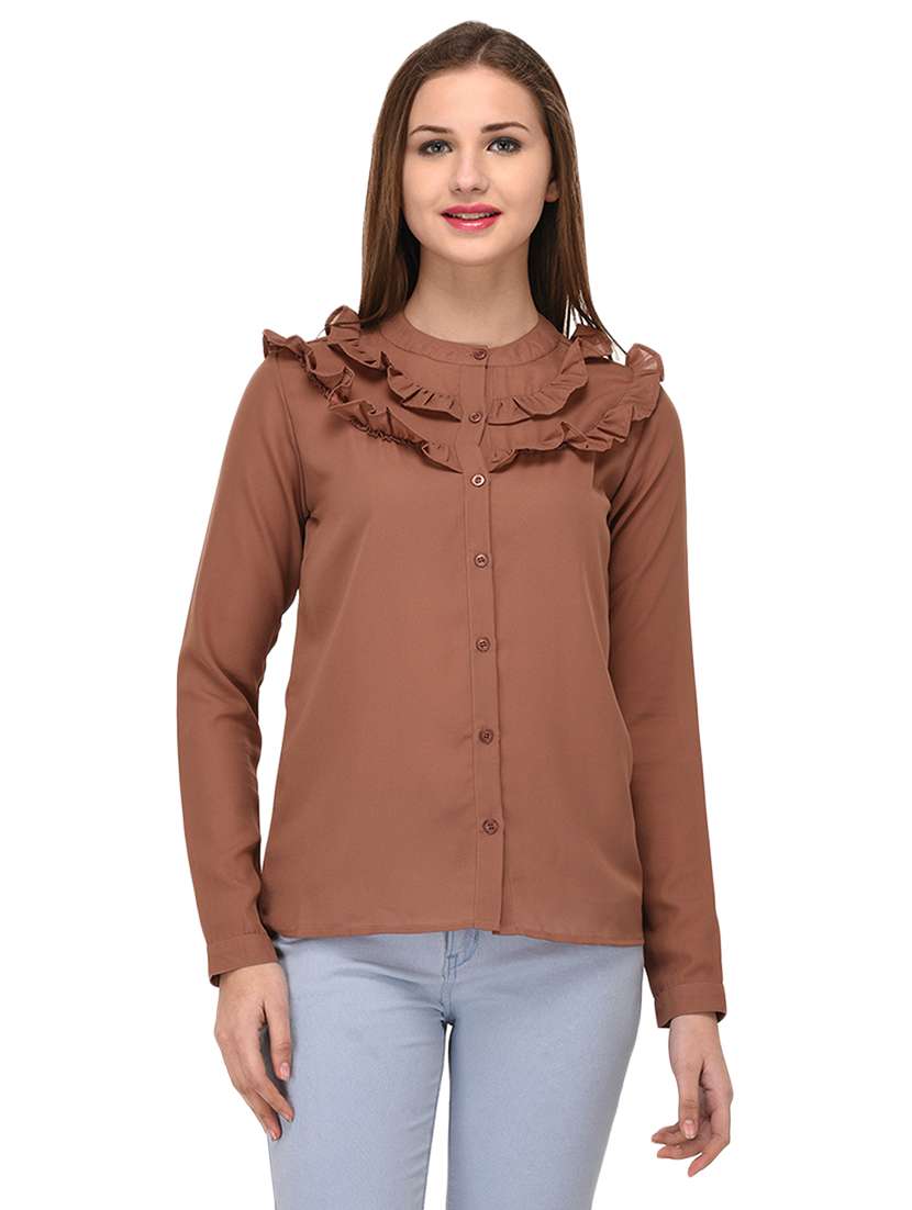 brown solid ruffled shirt - 14811698 -  Zoom Image - 0