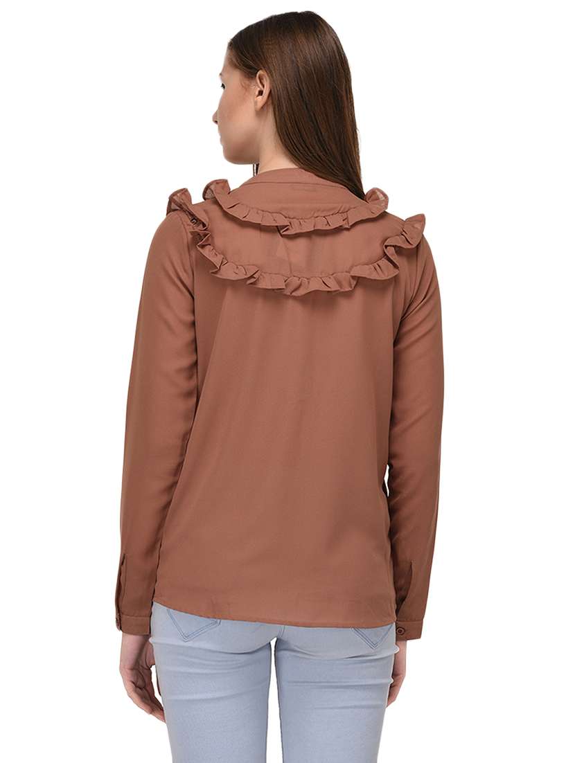 brown solid ruffled shirt - 14811698 - Standard Image - 2