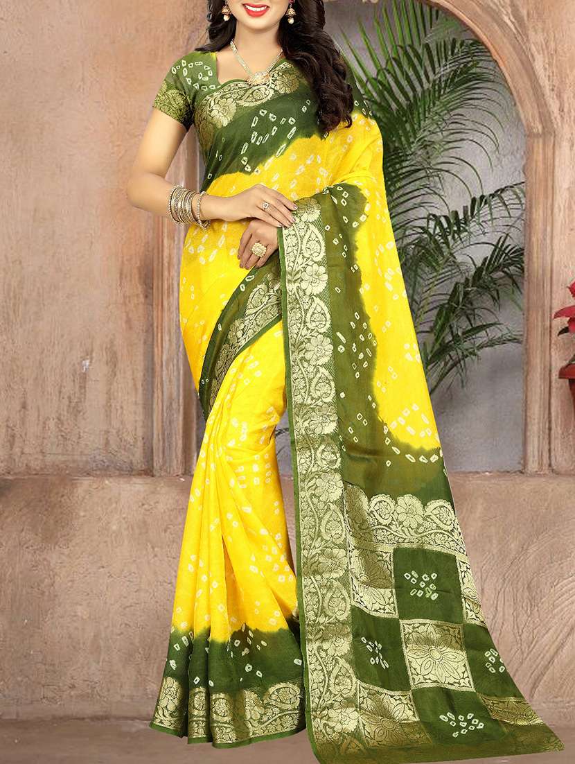 yellow art silk bandhani saree with blouse