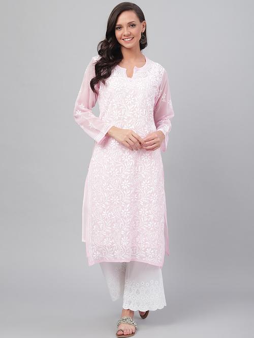 rosewater color georgette chikankari kurta - 14815394 -  Standard Image - 0