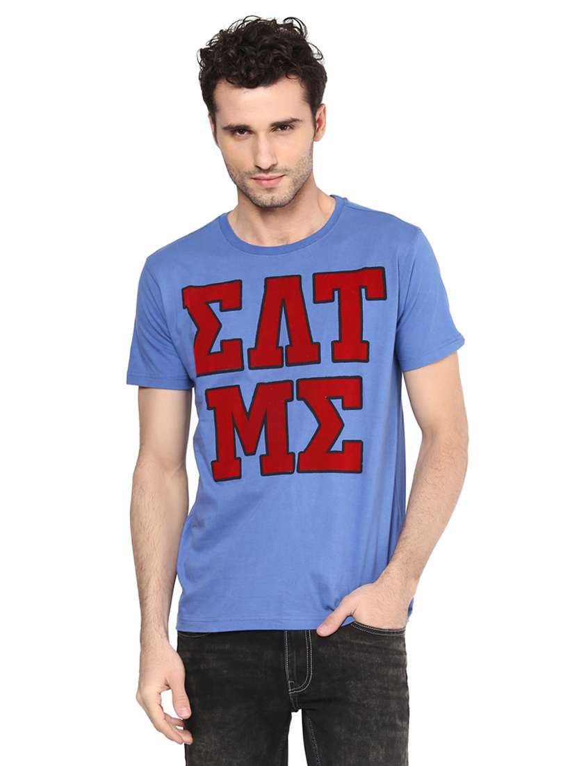 blue cotton chest print t-shirt