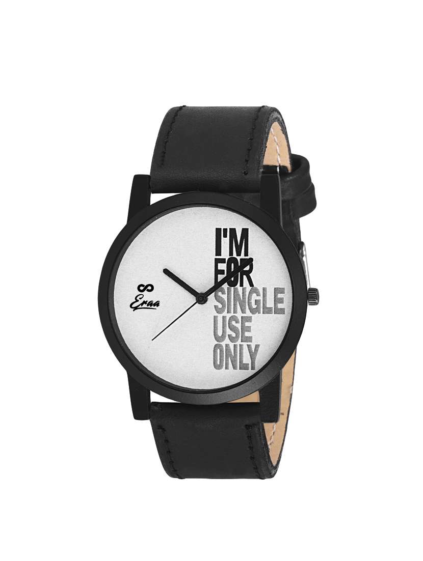 eraa white & black slim analog wrist watch for men