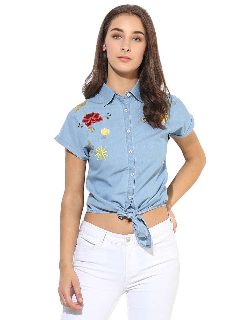 tie knot embroidered denim top