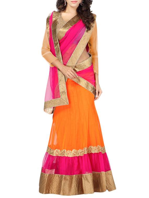 orange net fishtail lehenga