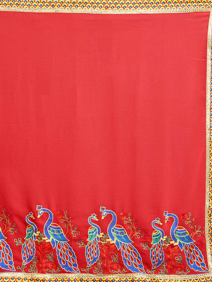 red chiffon embroidered saree with blouse - 14853606 -  Standard Image - 2