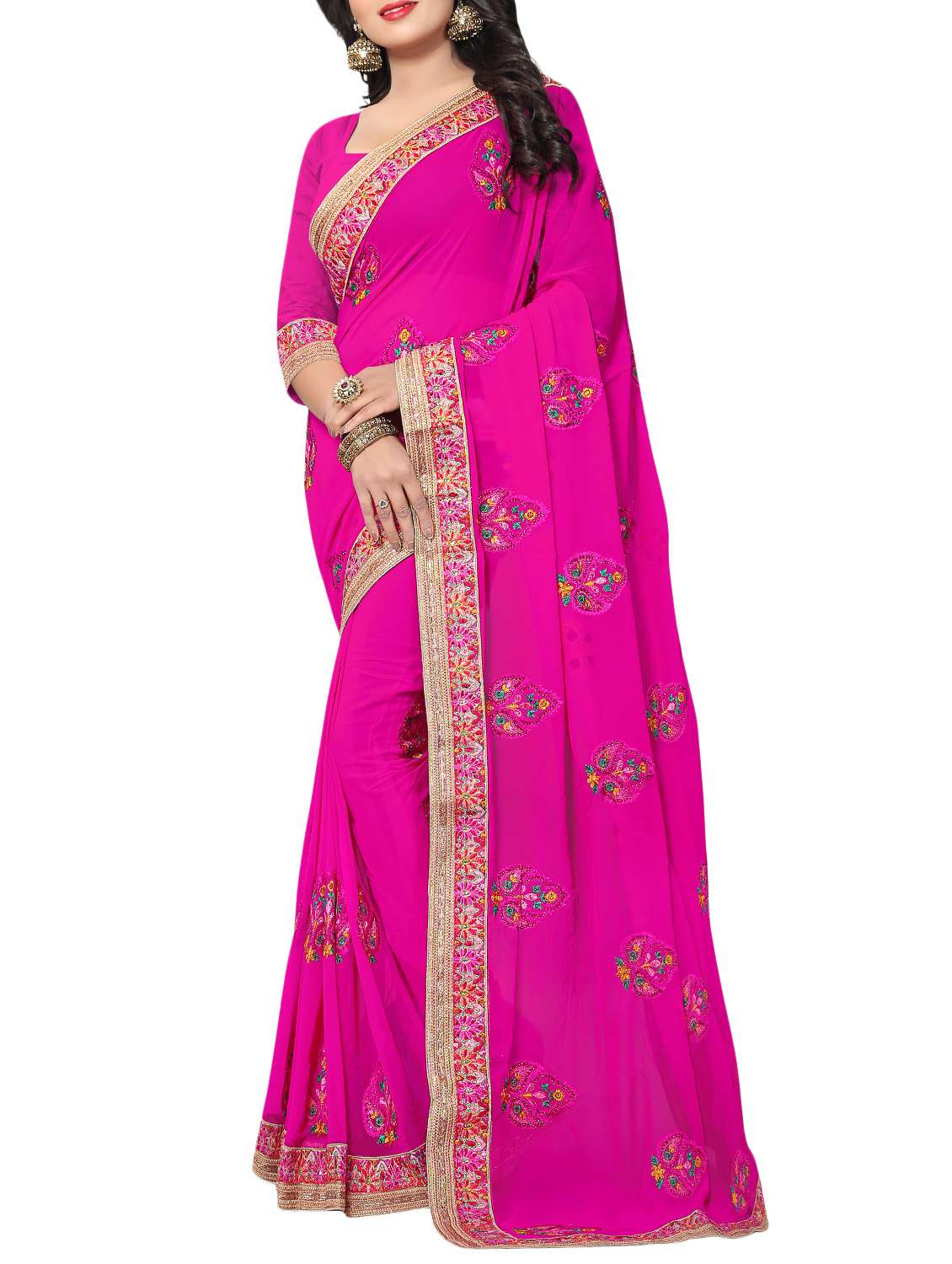 pink georgette embroidered saree with blouse