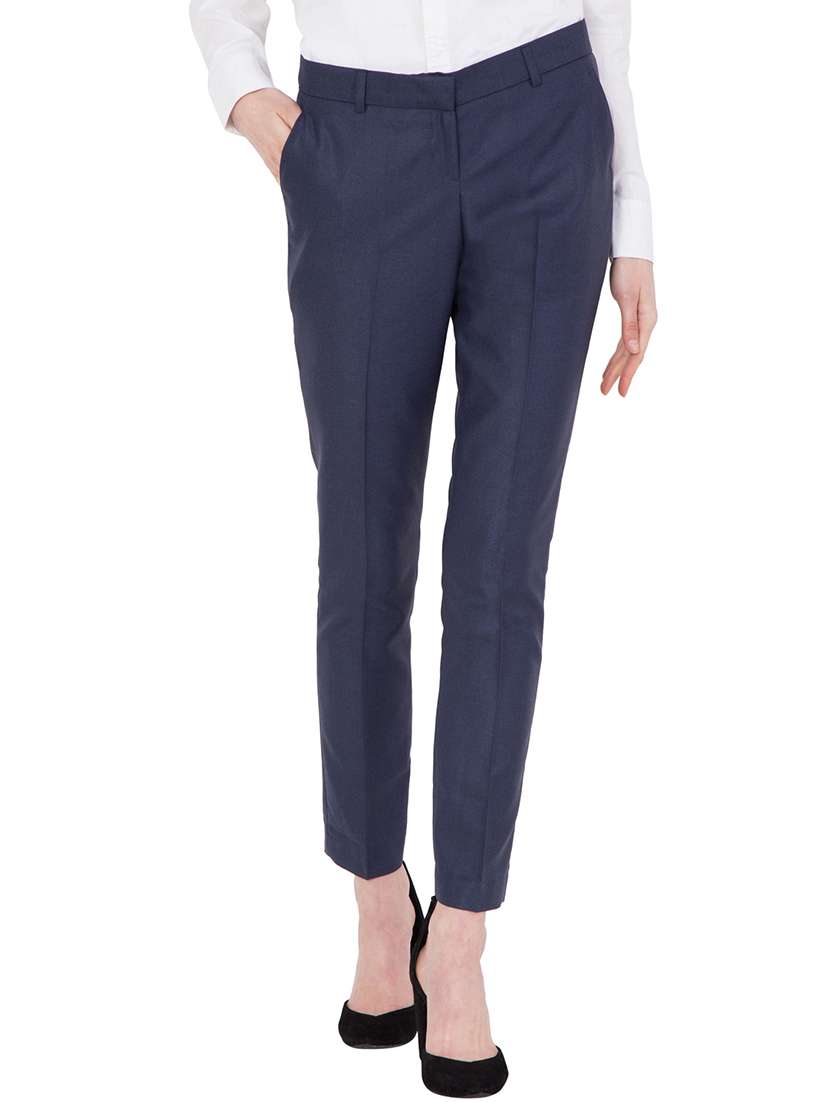 blue solid flat front trouser