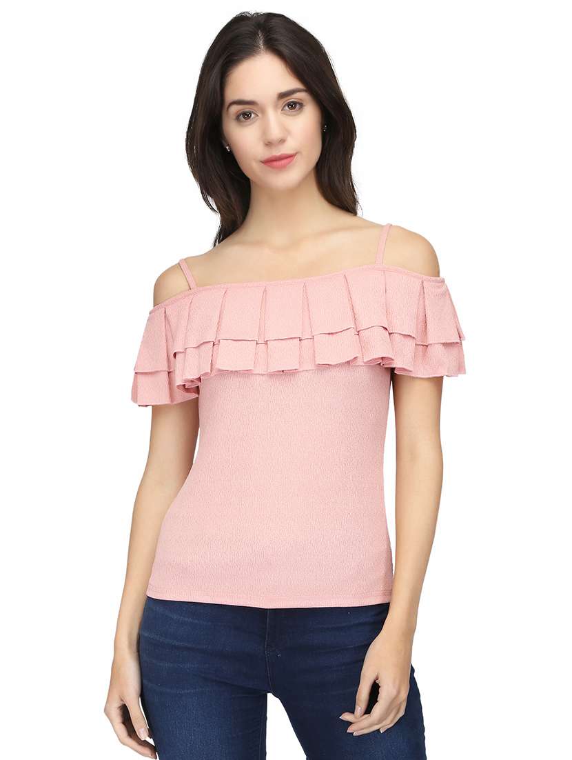 pink ruffled off shoulder top