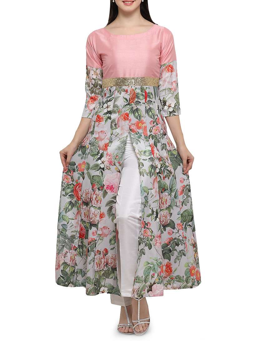 pink poly silk high-slit kurta