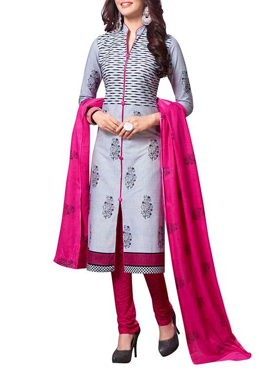 grey printed unstitched churidaar suit