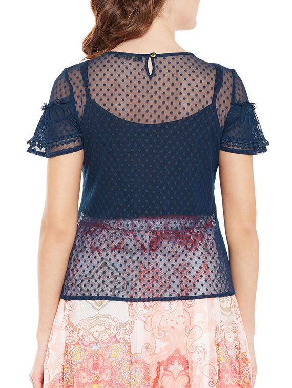 dotted mesh ruffle detail top - 14868024 - Standard Image - 2