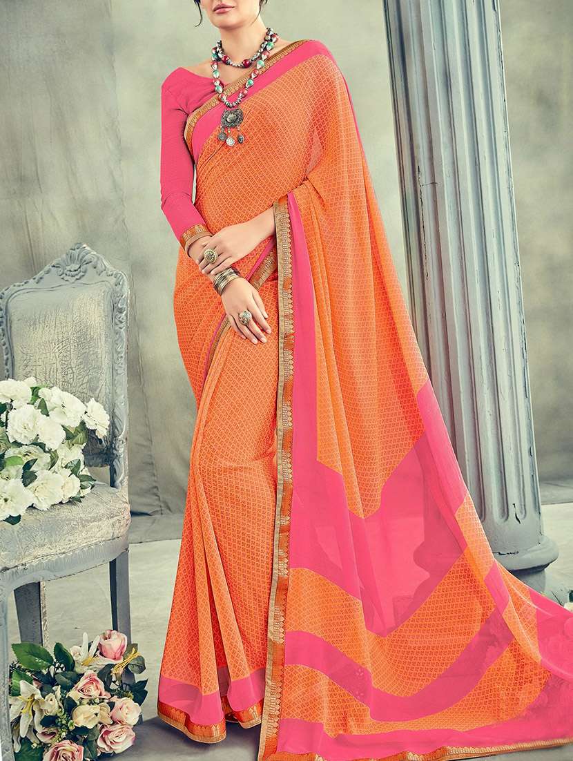 orange georgette printed saree with blouse