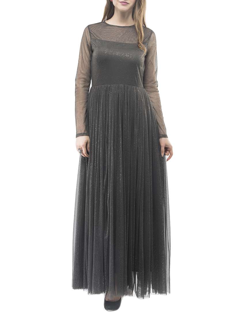 sheer panel round neck gown