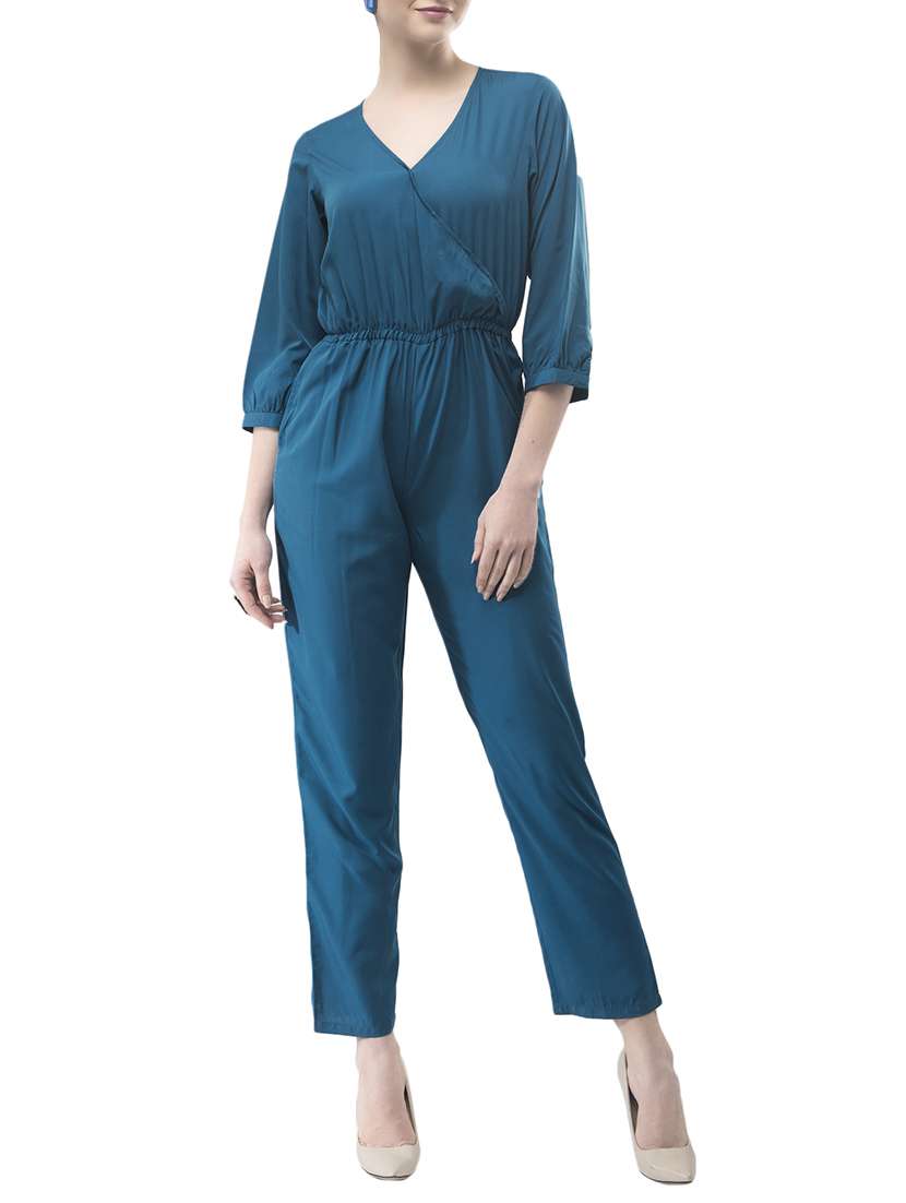 surplice neck full leg jumpsuit