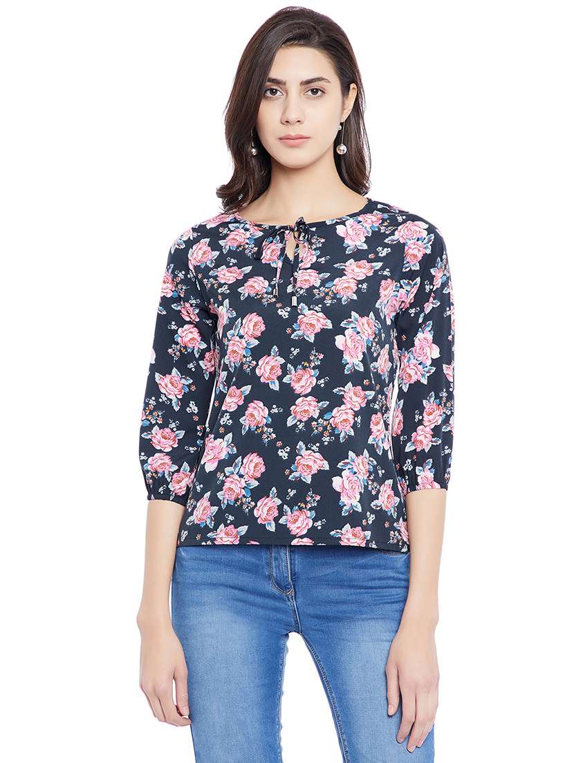 navy blue floral casual top