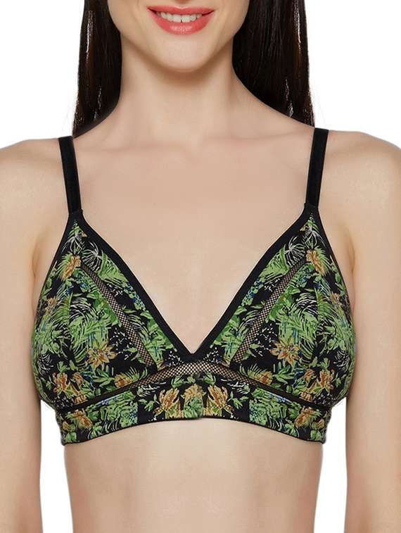 green printed cotton blend bra