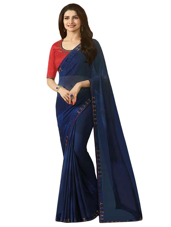 blue georgette printed saree with blouse