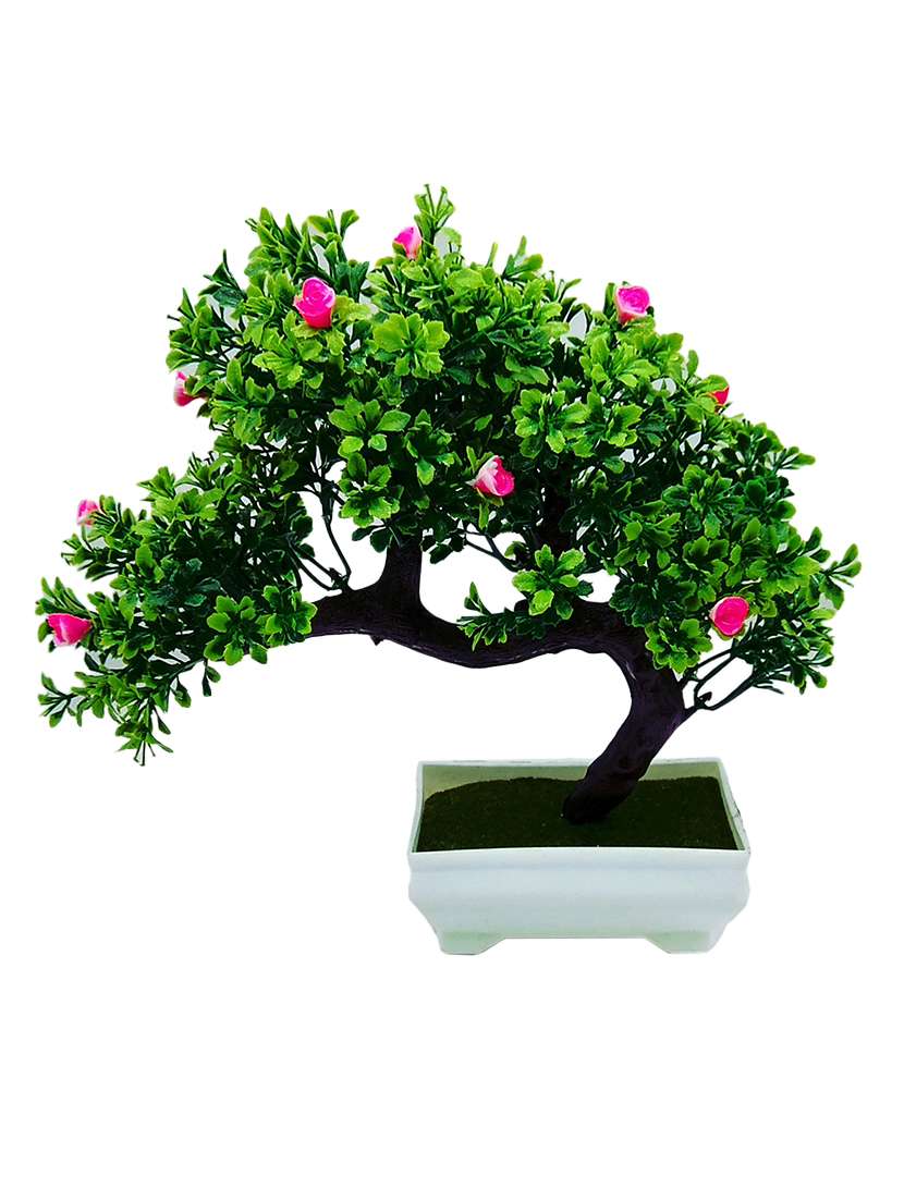 artificial plant bent bonsai tree with dark green leaves and pink flowers