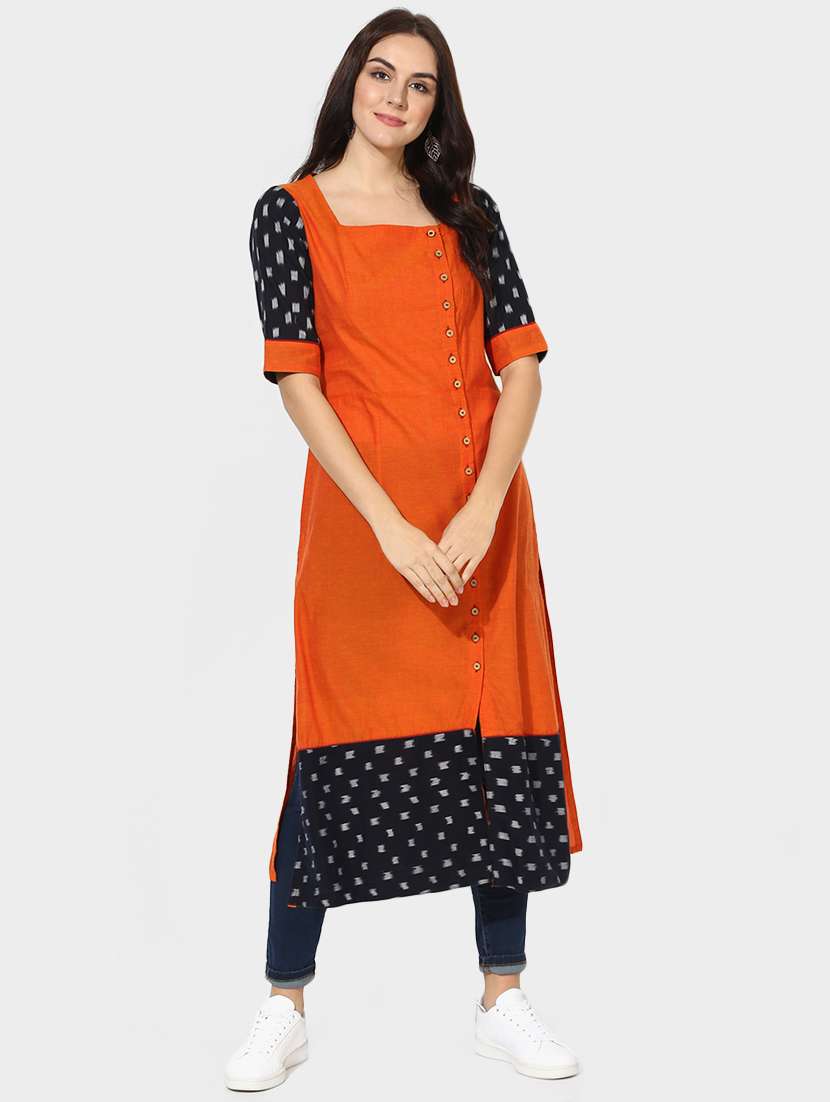 indian dobby orange cotton straight kurta