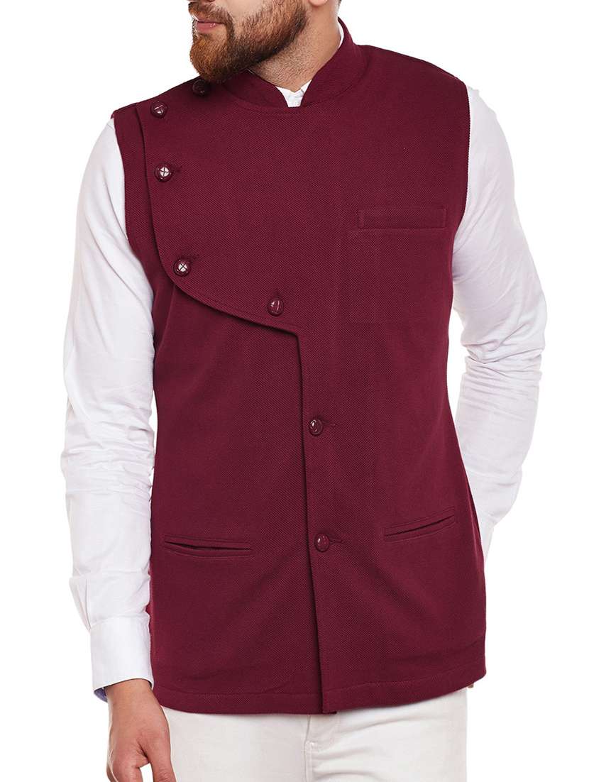 maroon cotton nehru jacket