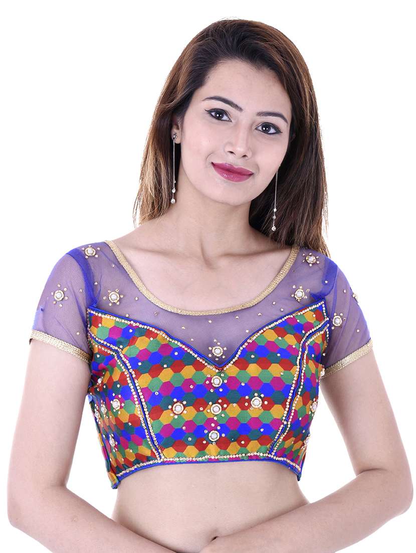 blue silk embroidered blouse