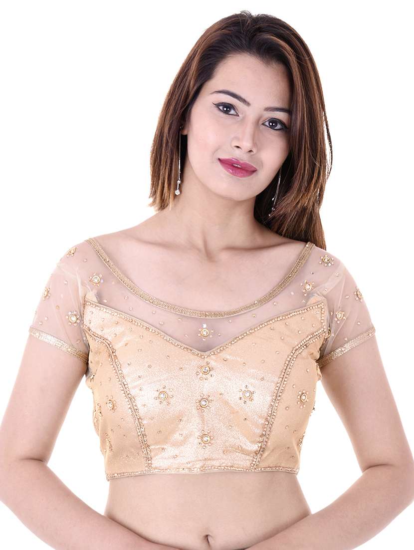 beige cotton lycra embellished blouse