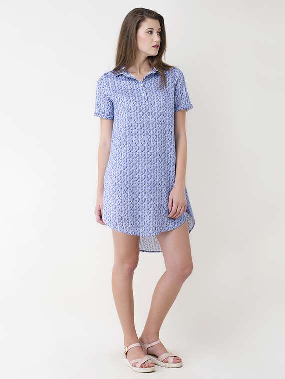 blue printed high low dress