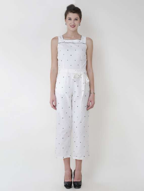 white printed cotton full leg jumpsuit