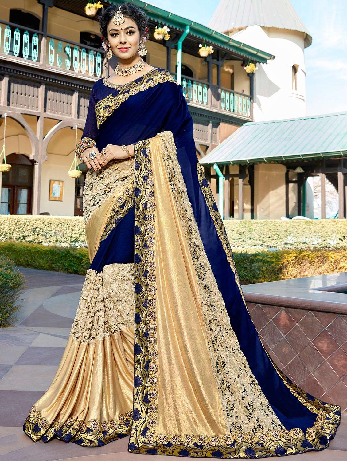 blue embroidered saree with blouse