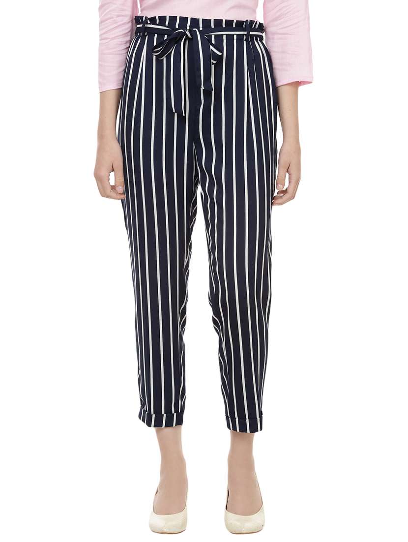 navy blue striped peg trouser