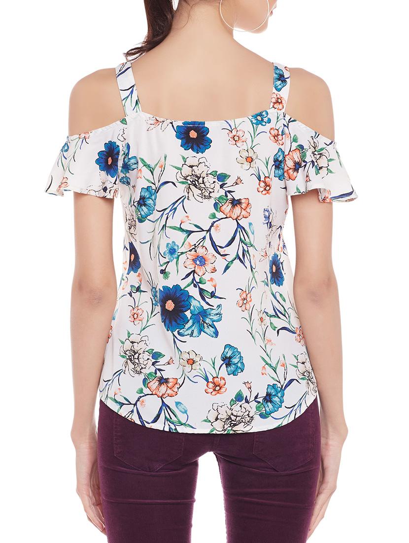 white printed cold shoulder top - 14929432 - Standard Image - 2