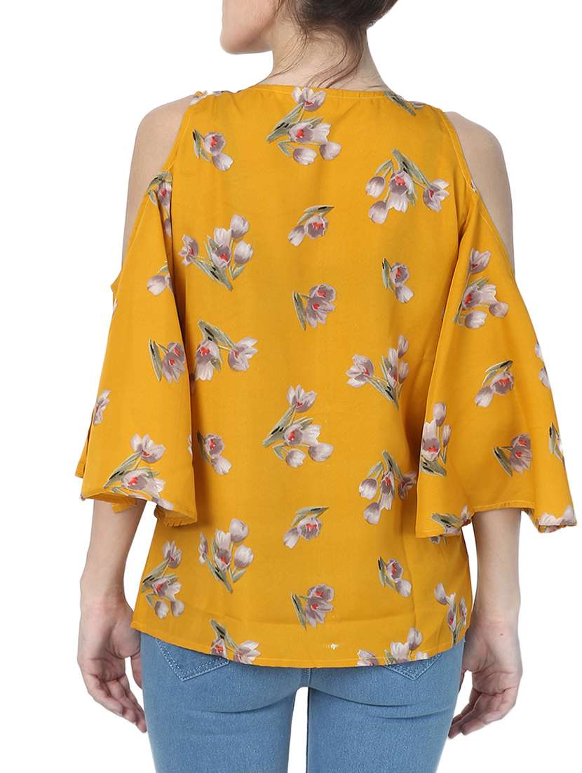 yellow printed cold shoulder top - 14934454 -  Standard Image - 2