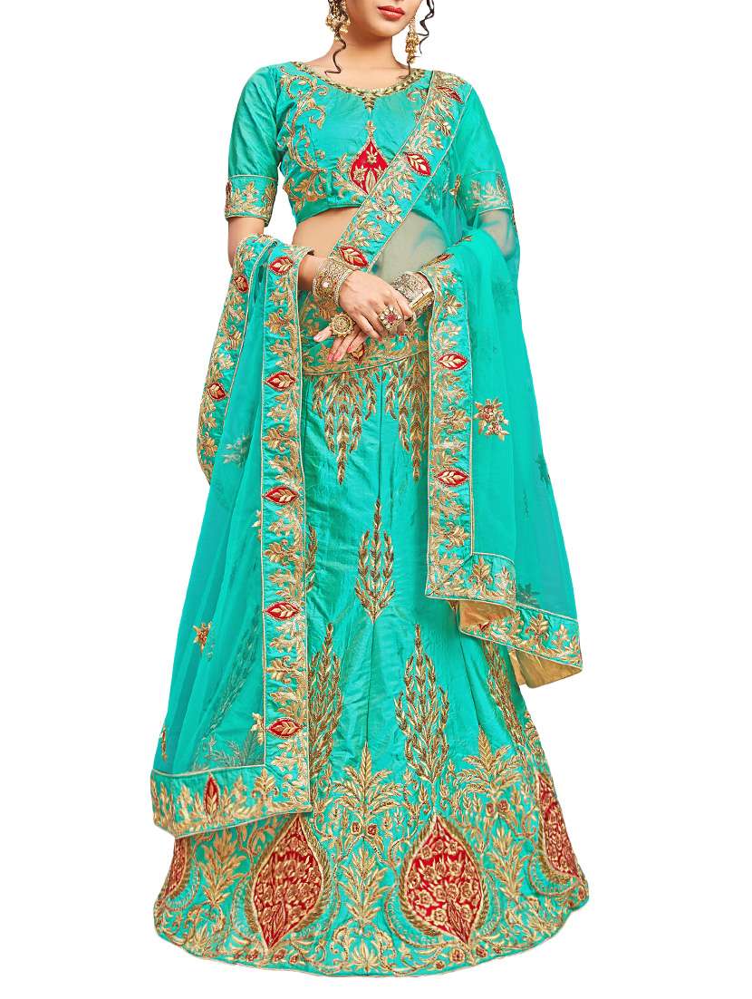 green silk panelled lehenga