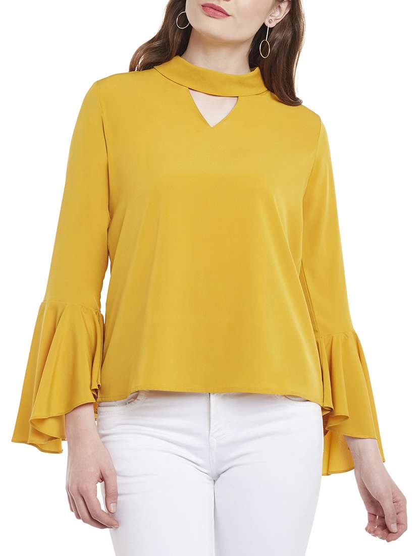 yellow solid bell sleeved top